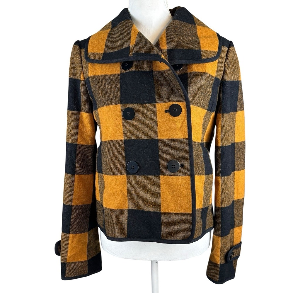 LOFT Ann Taylor Wool Blend Pea Coat Jacket Medium Mustard Yellow Buffalo Plaid